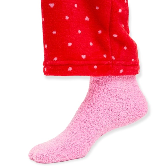 LAURA ASHLEY Fleece Pajama Bottoms & Fuzzy Pink Sock Set Red Pink Dot PJ Pants - Picture 2 of 8